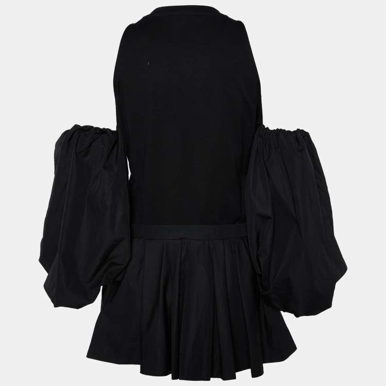 Pre Owned Alexander McQueen Black Cotton Knit Pleated Cut Out Balloon Sleeve Top M