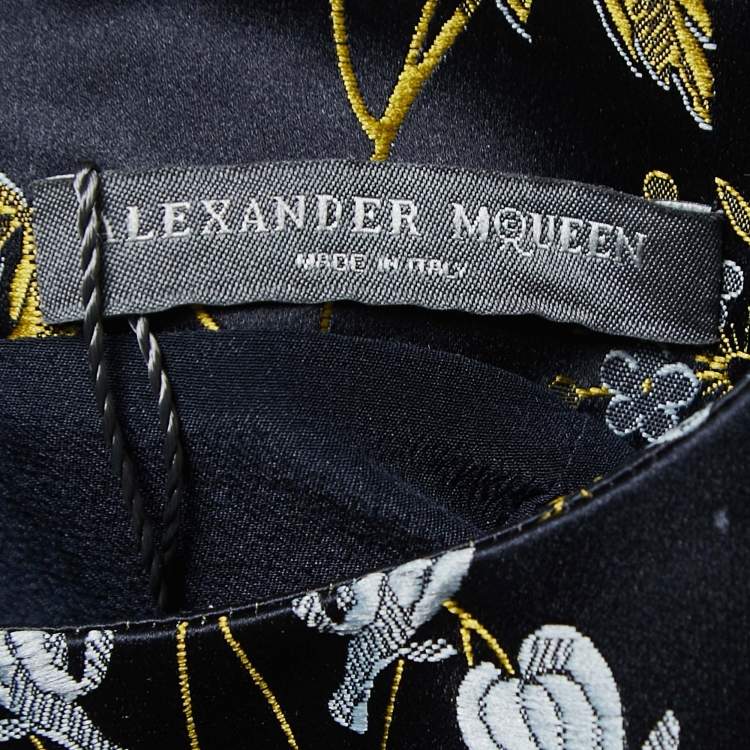 Pre Owned Alexander McQueen Navy Blue Floral Jacquard Sleeveless Gown S