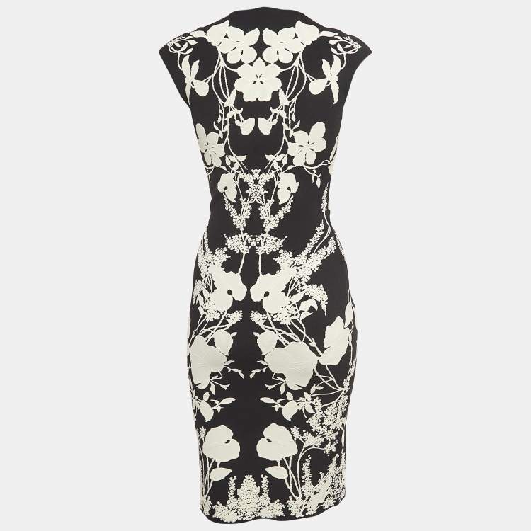 Pre Owned Alexander McQueen Black/White Floral Patterned Knit Bodycon Dress S