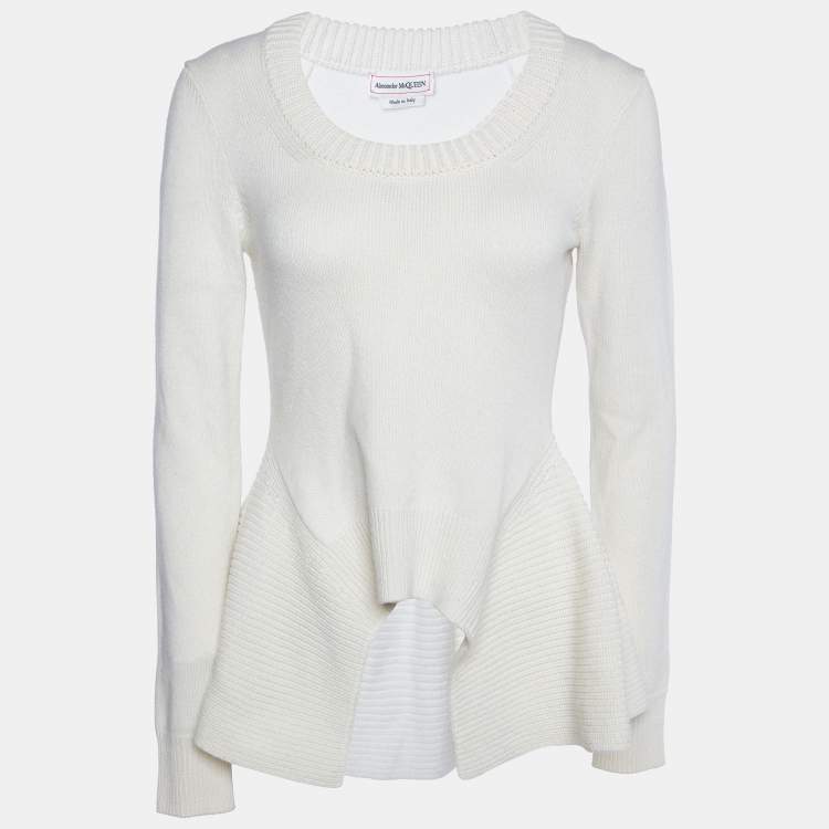 Pre Owned Alexander McQueen Ivory Cashmere Knit Peplum Scoop Jumper XS