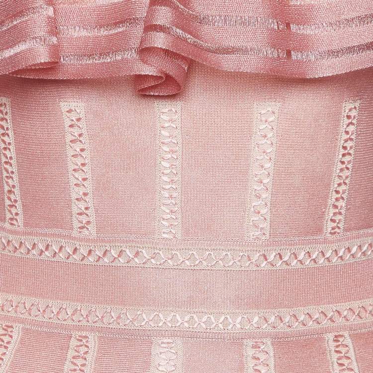 Pre Owned Alexander McQueen Pink Sheer Knit Off Shoulder Maxi Dress XS