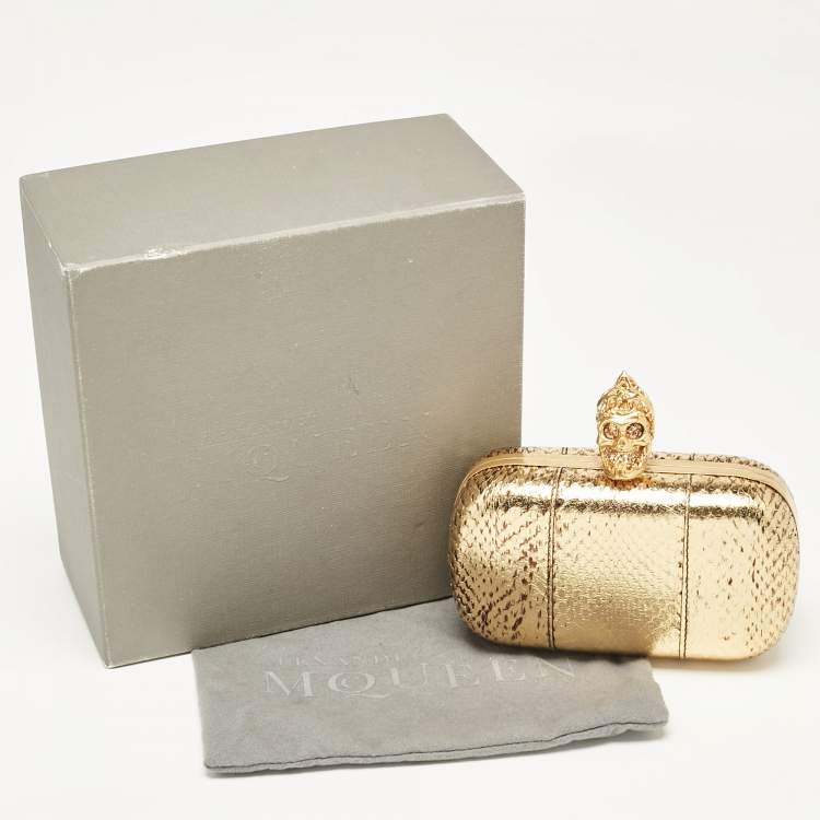 Pre Owned Alexander McQueen Metallic Gold Python Skull Box Clutch