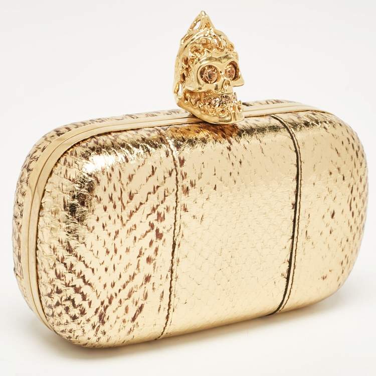Pre Owned Alexander McQueen Metallic Gold Python Skull Box Clutch