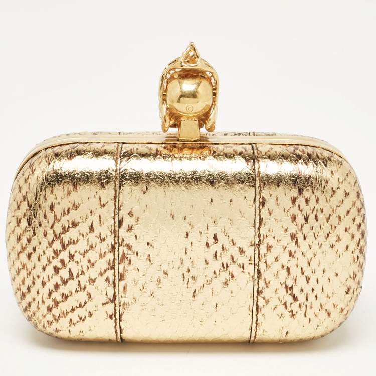 Pre Owned Alexander McQueen Metallic Gold Python Skull Box Clutch