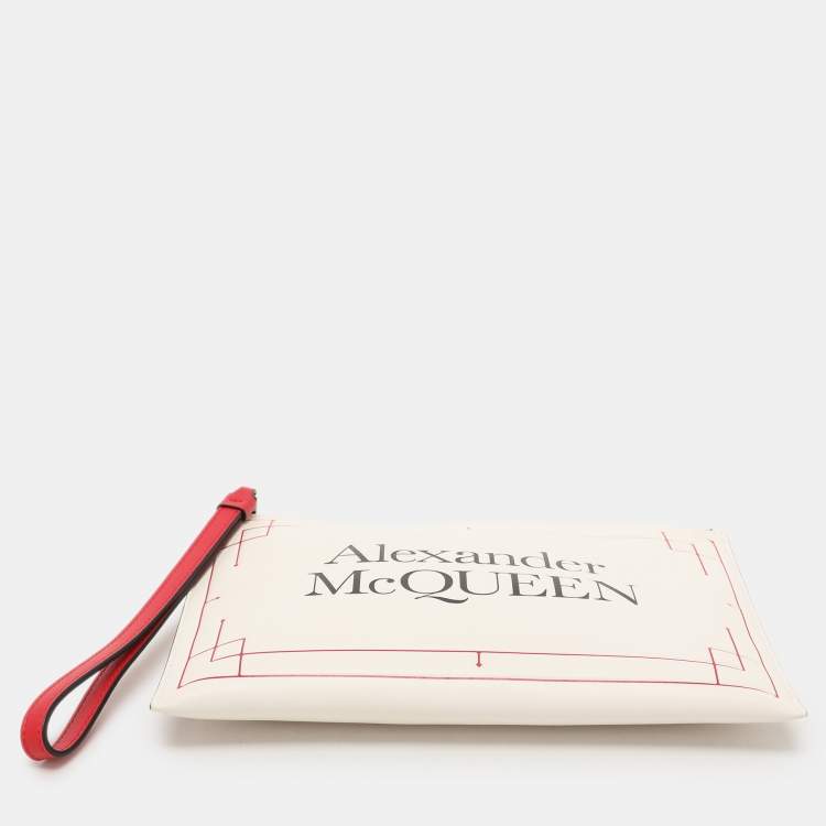 Pre Owned Alexander McQueen White Leather Large Logo Wristlet Pouch
