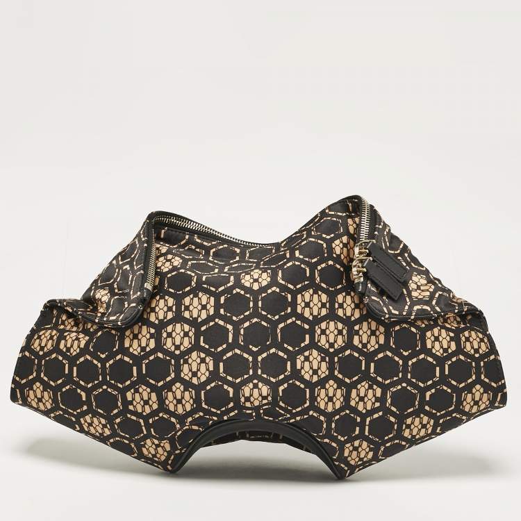 Pre Owned Alexander McQueen Black/Beige Printed Satin and Leather De Manta Clutch