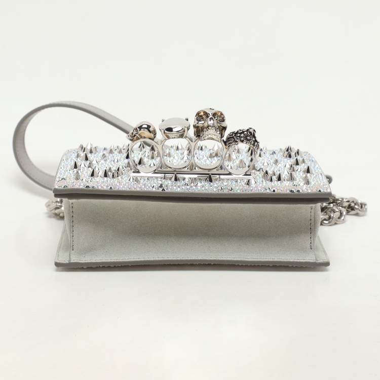 Pre Owned Alexander McQueen Grey Embellished Suede Mini Jewelled Shoulder Bag