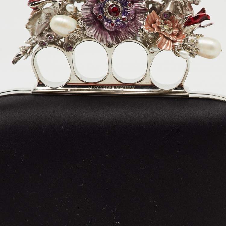 Pre Owned Alexander McQueen Black Satin Floral Knuckle Clutch