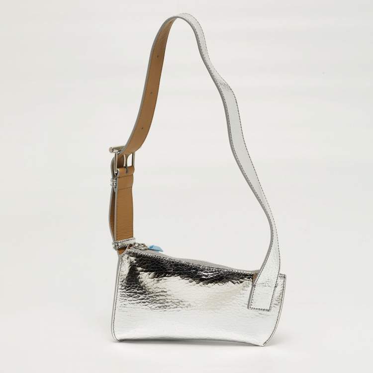 Pre Owned Alexander McQueen T-Bar Silver Crackled Leather Sling Pouch