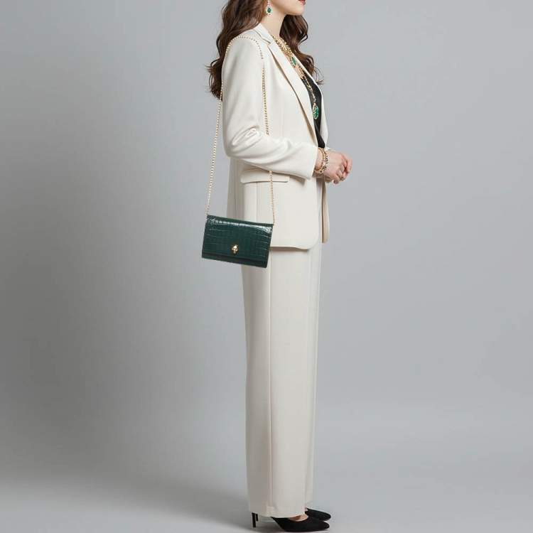 Pre Owned حقيبة كلتش ألكسندر ماكوين جلد محفور بنقشة التمساح خضراء جمجمه سلسلة