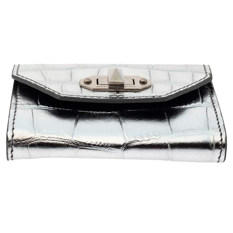 Pre Owned Alexander McQueen Silver Croc Embosed Leather Card Holder