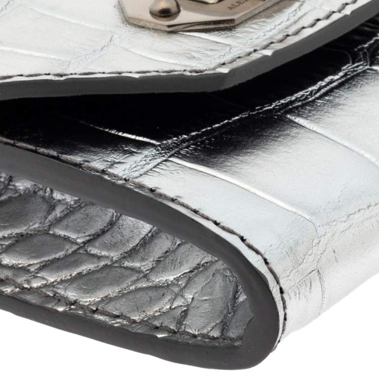 Pre Owned Alexander McQueen Silver Croc Embosed Leather Card Holder