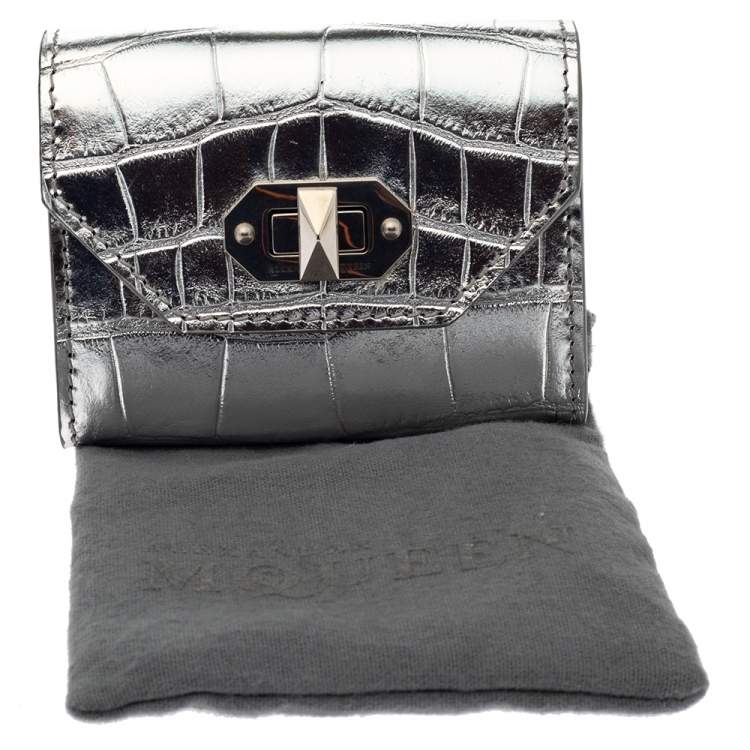 Pre Owned Alexander McQueen Silver Croc Embosed Leather Card Holder