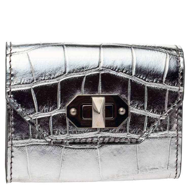 Pre Owned Alexander McQueen Silver Croc Embosed Leather Card Holder