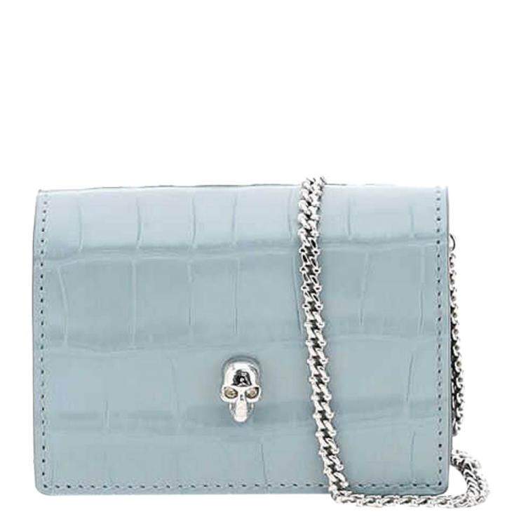 Pre Owned Alexander McQueen Blue Croc-embossed Leather Skull Bag