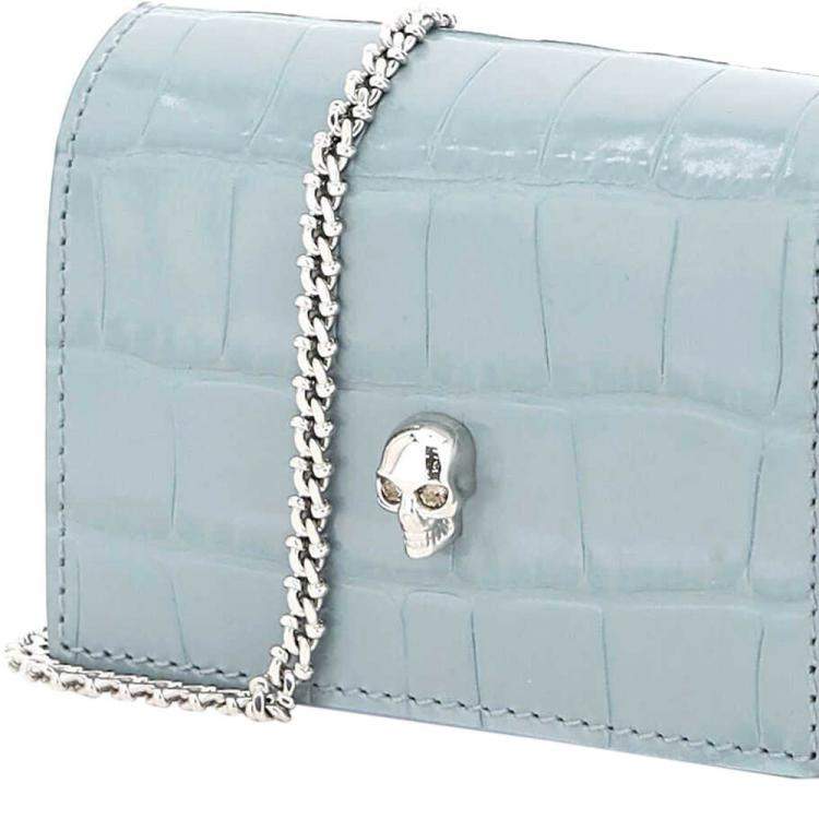 Pre Owned Alexander McQueen Blue Croc-embossed Leather Skull Bag