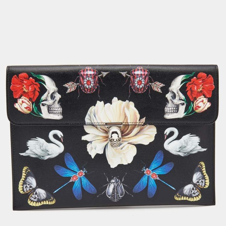 Pre Owned Alexander McQueen Multicolor Printed Leather Skull Envelope Clutch