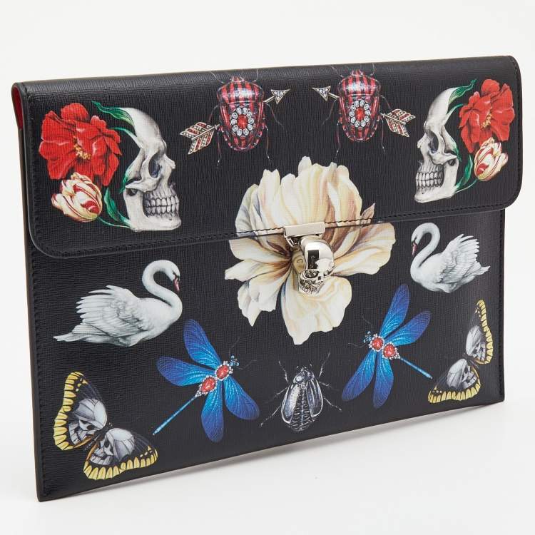 Pre Owned Alexander McQueen Multicolor Printed Leather Skull Envelope Clutch