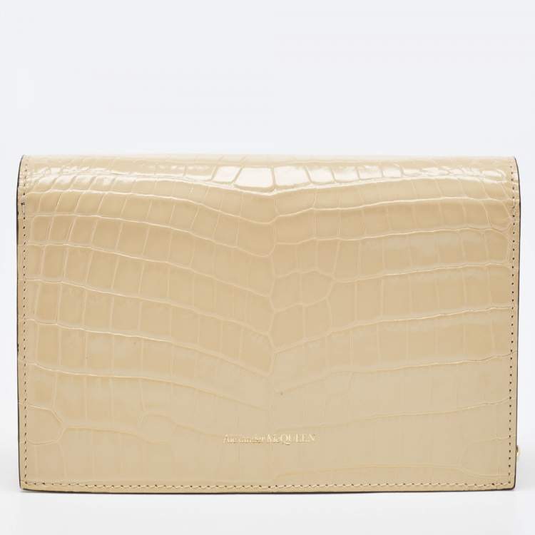 Pre Owned Alexander McQueen Beige Croc Embossed Leather Small Skull Shoulder Bag 