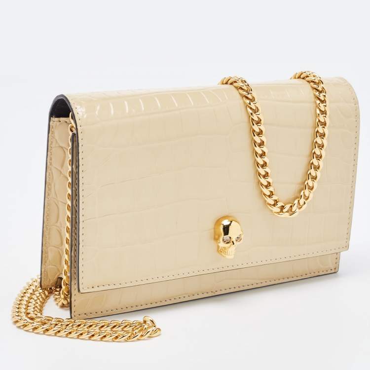 Pre Owned Alexander McQueen Beige Croc Embossed Leather Small Skull Shoulder Bag 