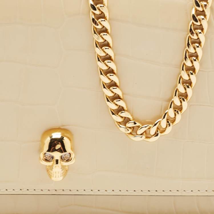 Pre Owned Alexander McQueen Beige Croc Embossed Leather Small Skull Shoulder Bag 