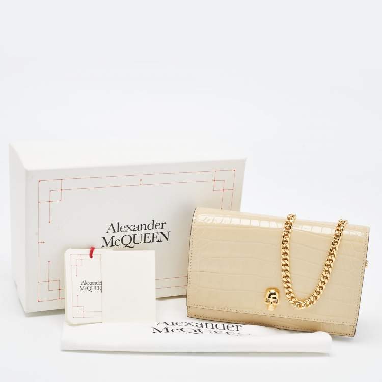 Pre Owned Alexander McQueen Beige Croc Embossed Leather Small Skull Shoulder Bag 