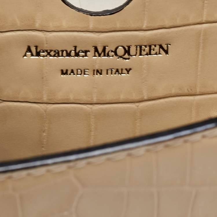 Pre Owned Alexander McQueen Beige Croc Embossed Leather Small Skull Shoulder Bag 