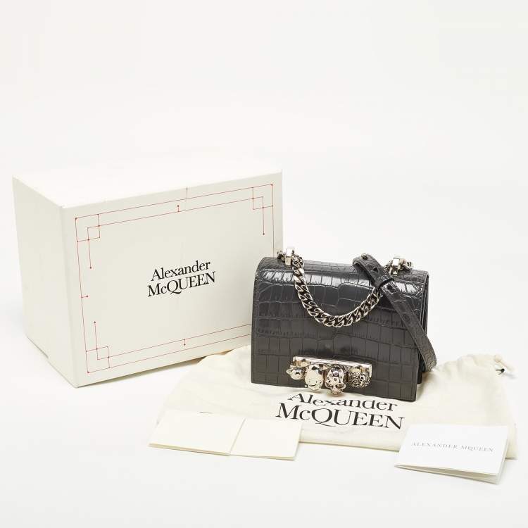 مملوكة مسبقًا Alexander McQueen Grey Croc Embossed Leather Jewelled Shoulder Bag