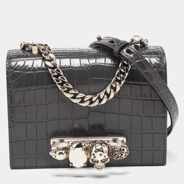 مملوكة مسبقًا Alexander McQueen Grey Croc Embossed Leather Jewelled Shoulder Bag