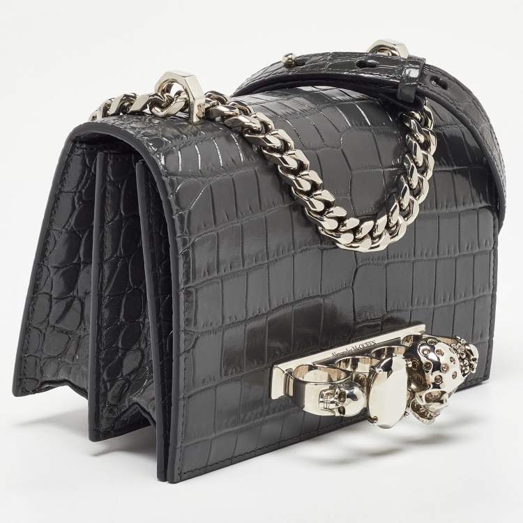 مملوكة مسبقًا Alexander McQueen Grey Croc Embossed Leather Jewelled Shoulder Bag