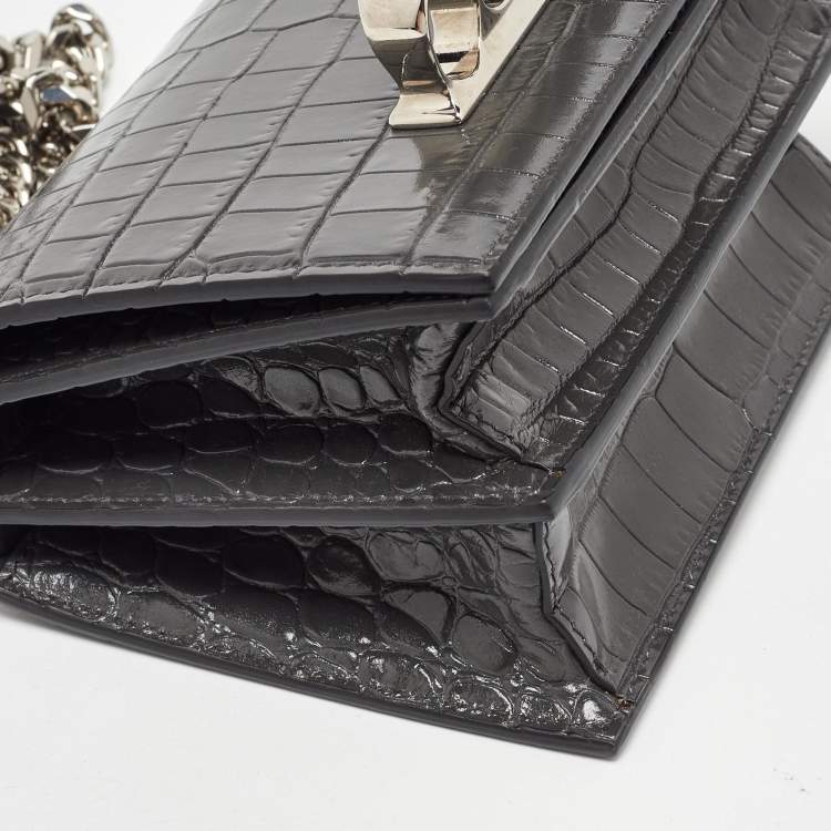 مملوكة مسبقًا Alexander McQueen Grey Croc Embossed Leather Jewelled Shoulder Bag