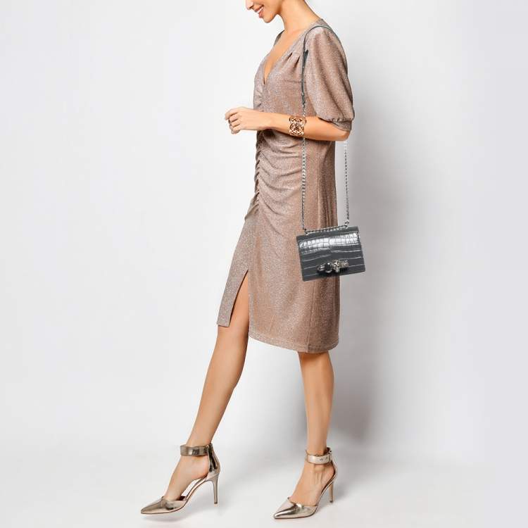 مملوكة مسبقًا Alexander McQueen Grey Croc Embossed Leather Jewelled Shoulder Bag