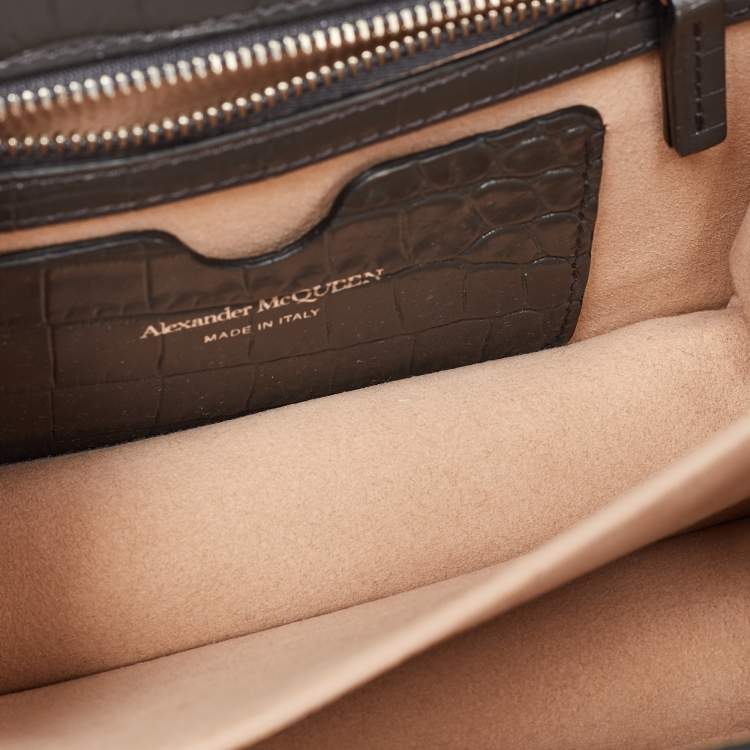 مملوكة مسبقًا Alexander McQueen Grey Croc Embossed Leather Jewelled Shoulder Bag