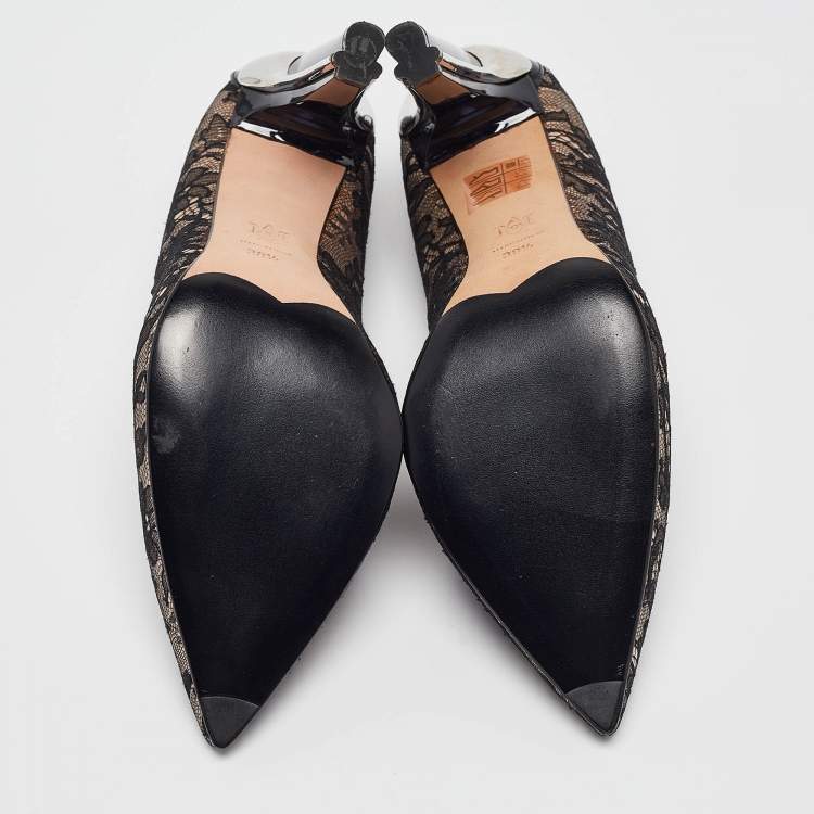 Pre Owned Alexander McQueen Beige/Black Mesh and Satin Pointed Toe Pumps Size 38.5