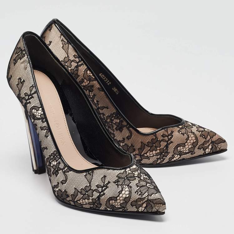 Pre Owned Alexander McQueen Beige/Black Mesh and Satin Pointed Toe Pumps Size 38.5