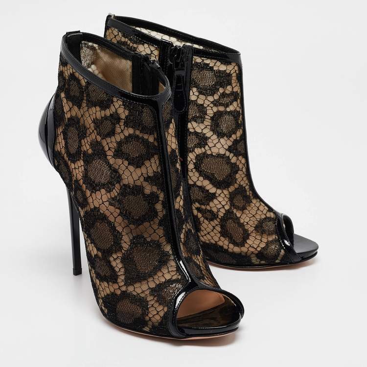 Pre Owned Alexander McQueen Black Mesh and Patent Leather Peep Toe Ankle Booties Size 38