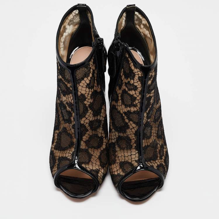 Pre Owned Alexander McQueen Black Mesh and Patent Leather Peep Toe Ankle Booties Size 38