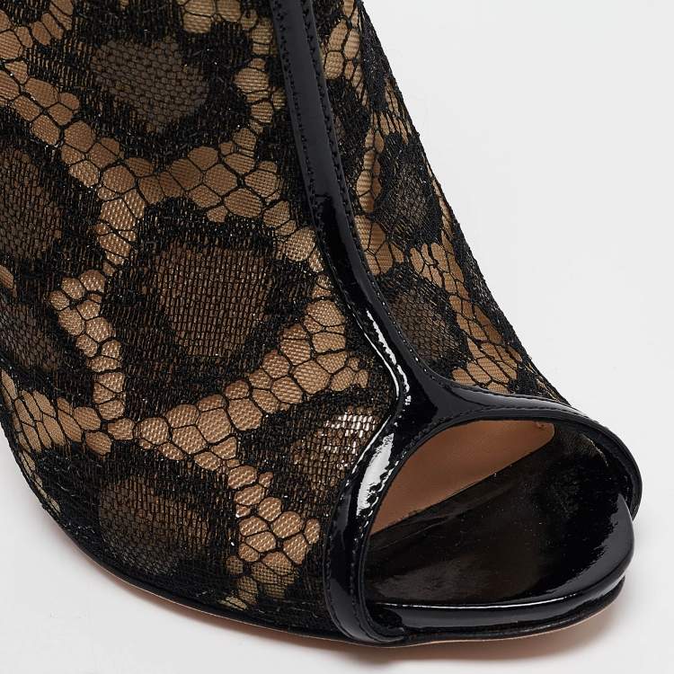 Pre Owned Alexander McQueen Black Mesh and Patent Leather Peep Toe Ankle Booties Size 38