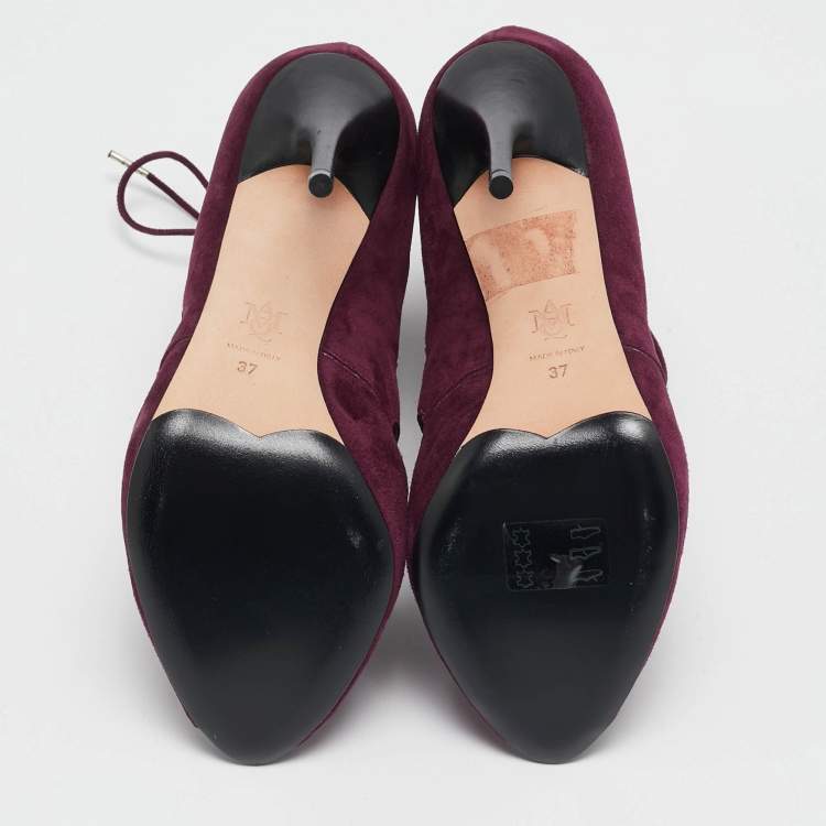 Pre Owned Alexander McQueen Burgundy Suede Ankle Length Studded Cut Out Ankle Boots Size 37