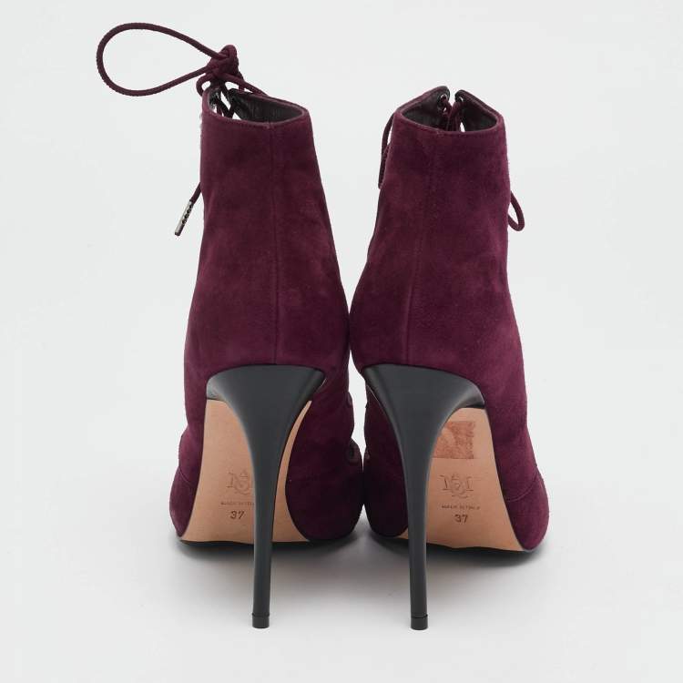 Pre Owned Alexander McQueen Burgundy Suede Ankle Length Studded Cut Out Ankle Boots Size 37