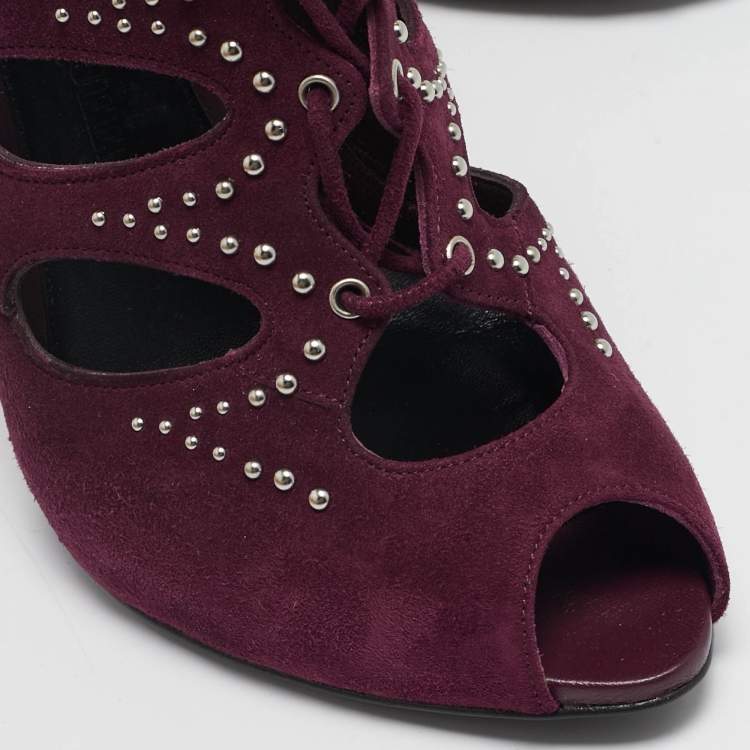 Pre Owned Alexander McQueen Burgundy Suede Ankle Length Studded Cut Out Ankle Boots Size 37