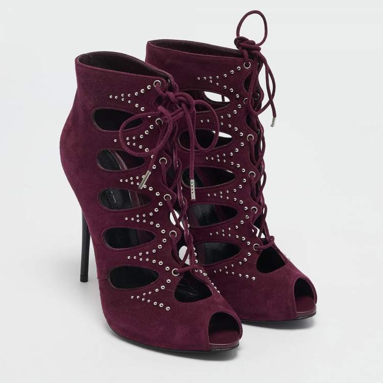 Pre Owned Alexander McQueen Burgundy Suede Ankle Length Studded Cut Out Ankle Boots Size 37