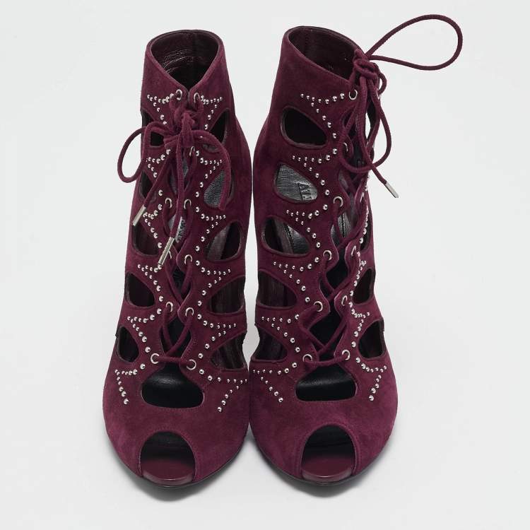 Pre Owned Alexander McQueen Burgundy Suede Ankle Length Studded Cut Out Ankle Boots Size 37