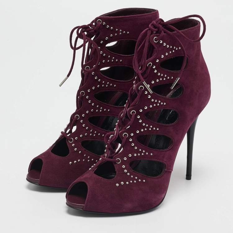 Pre Owned Alexander McQueen Burgundy Suede Ankle Length Studded Cut Out Ankle Boots Size 37