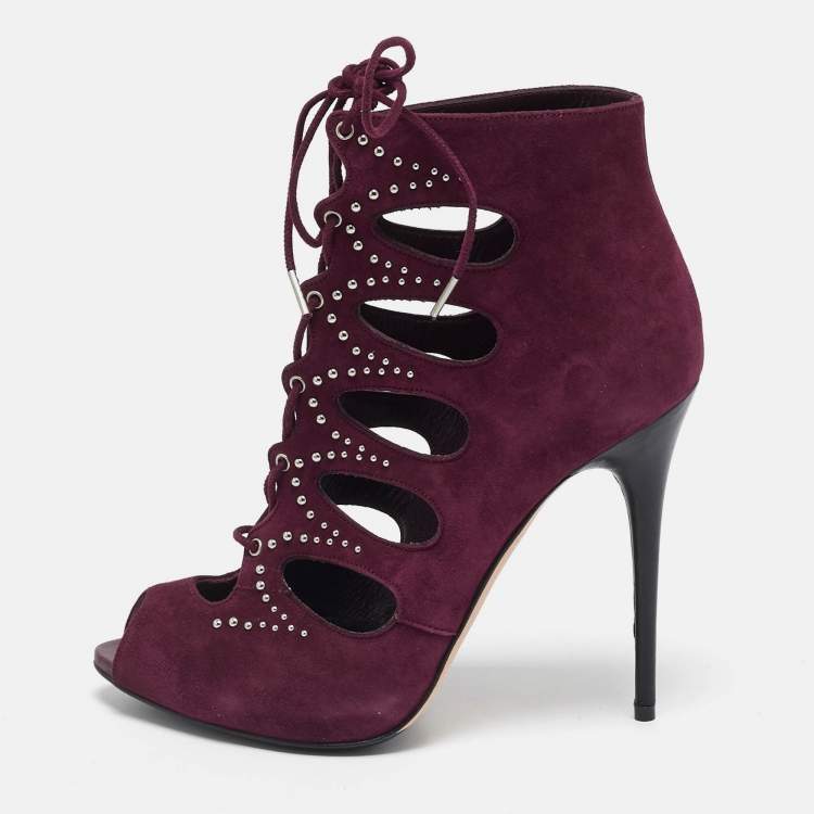 Pre Owned Alexander McQueen Burgundy Suede Ankle Length Studded Cut Out Ankle Boots Size 37