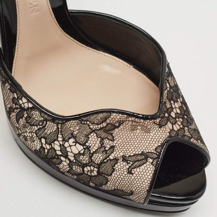 Pre Owned Alexander McQueen Black/Beige Lace and Patent Leather Platform Sandals Size 40