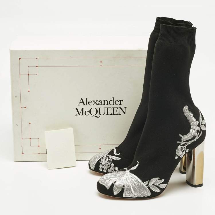 Pre Owned Alexander McQueen Black/Silver Embroidered Knit Fabric Ankle Boots Size 37