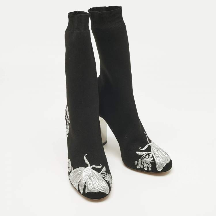 Pre Owned Alexander McQueen Black/Silver Embroidered Knit Fabric Ankle Boots Size 37