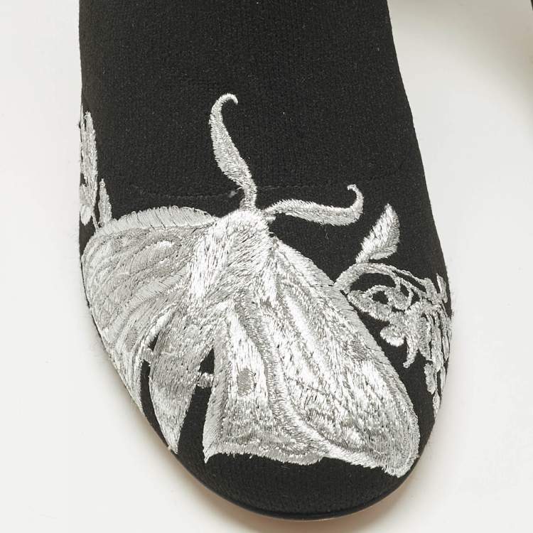 Pre Owned Alexander McQueen Black/Silver Embroidered Knit Fabric Ankle Boots Size 37