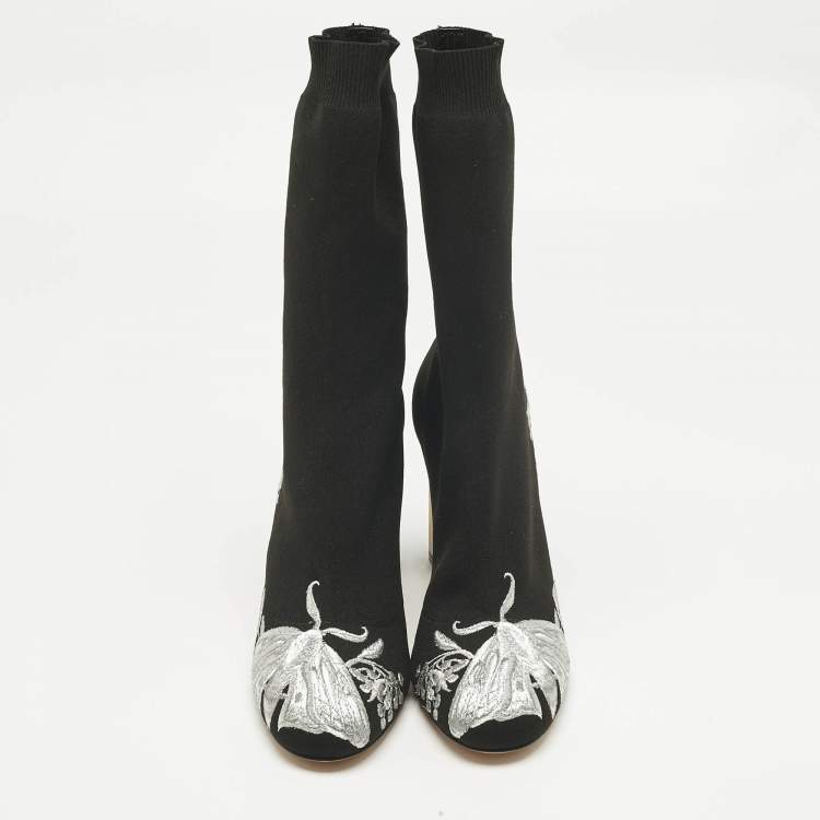 Pre Owned Alexander McQueen Black/Silver Embroidered Knit Fabric Ankle Boots Size 37